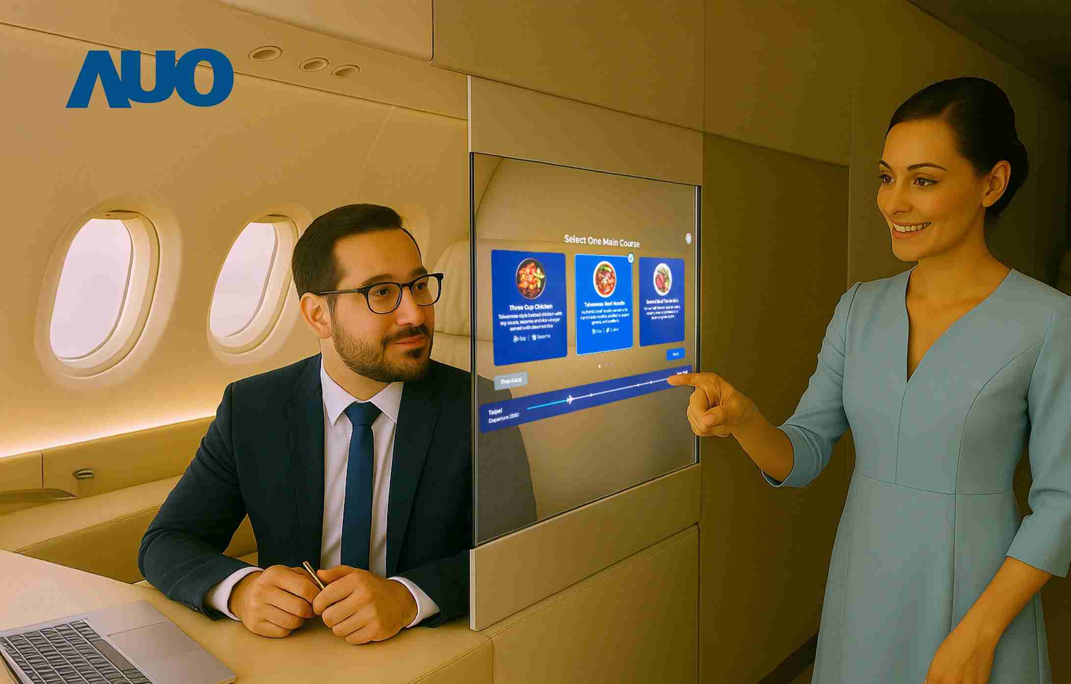 PA直营研发全球最薄17.3 吋双面透明 Micro LED 显示器，，可在同一屏幕之双边投射不同信息，，创造独特的”透明化”互动；图为实时翻译交流应用情境